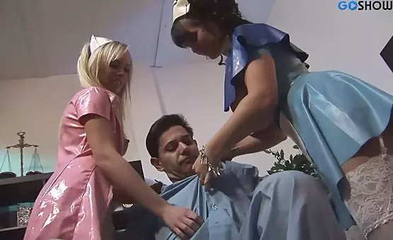 Threesome Roleplay Uniforms Blonde, Brunette, and Facial Delights